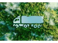 A truck-shaped lake in the midst of pristine nature, illustrating the concept of clean, greenhouse-free transport in the form of electric, hybrid or hydrogen propulsion. 3d rendering.