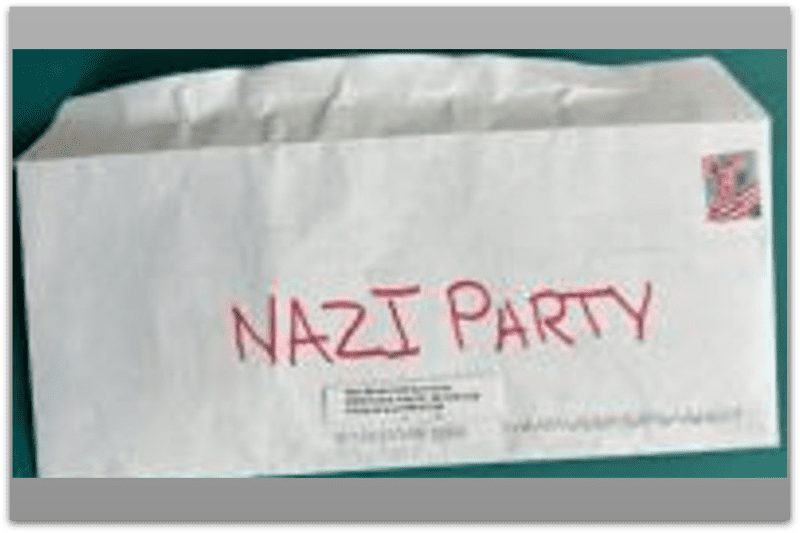 An envelope with "Nazi Party" written across was sent to New Mexico State Federation of Labor, AFL-CIO (Credit: New Mexico State Federation of Labor, AFL-CIO)